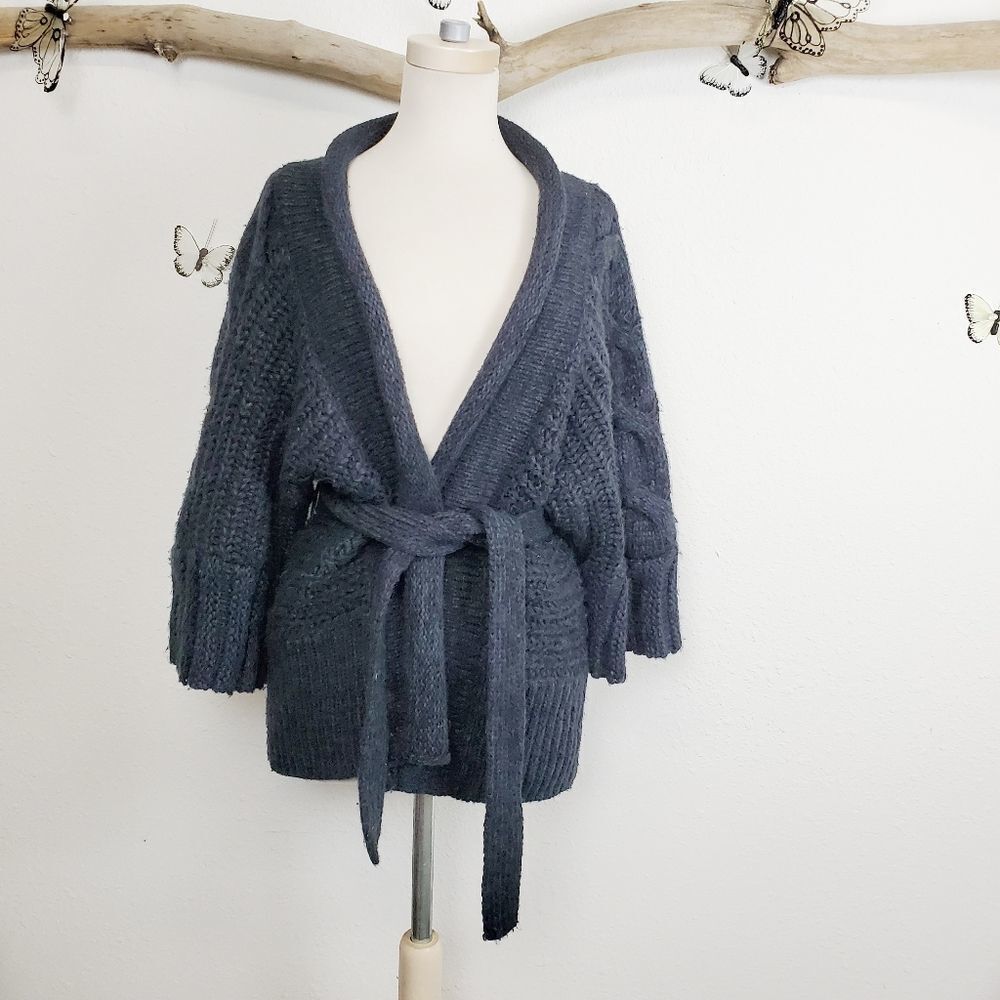 Cozy Belted Cable-Knit Sweater Cardigan - Charcoal